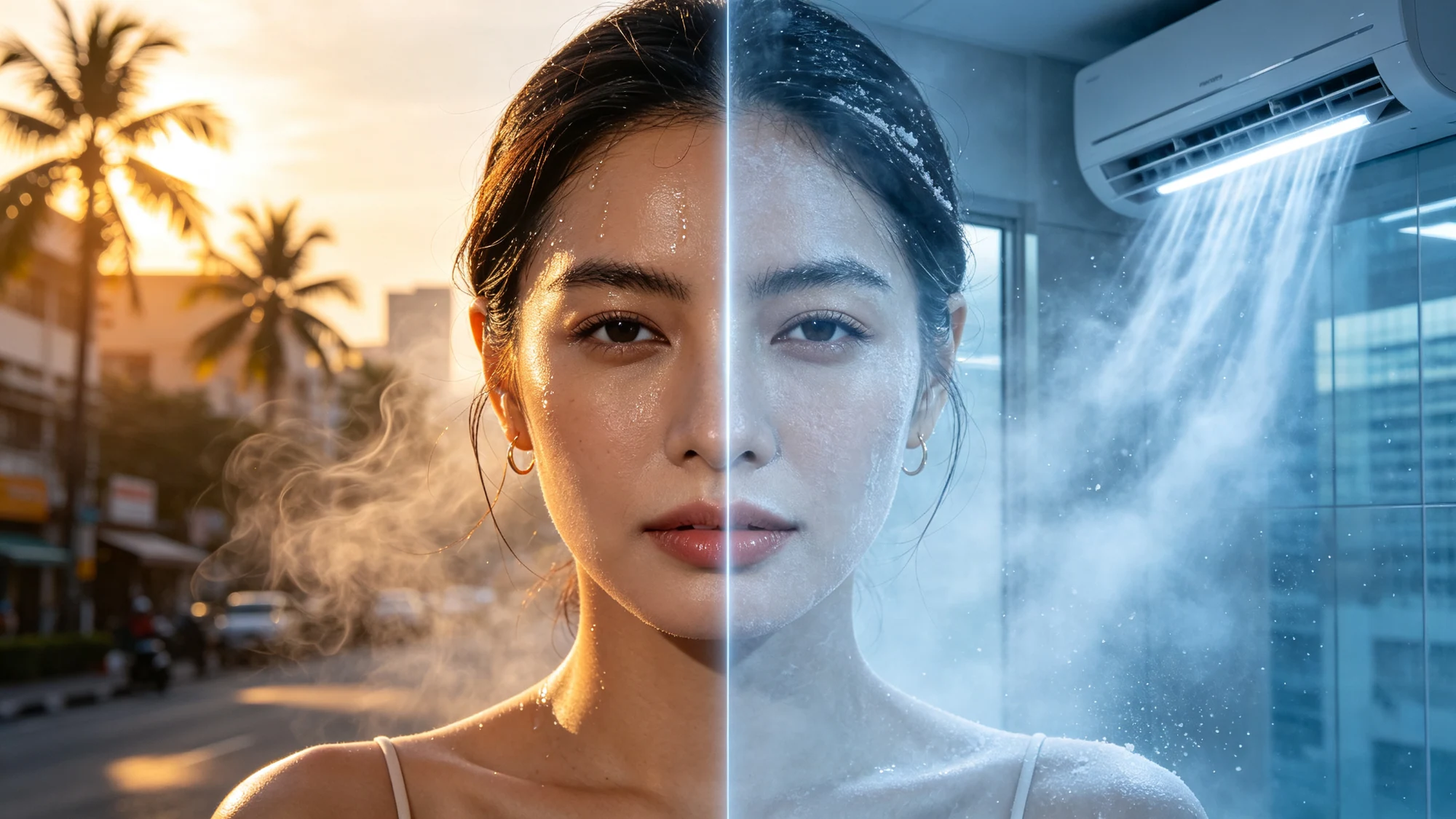 The contrast between tropical outdoor heat and indoor air conditioning